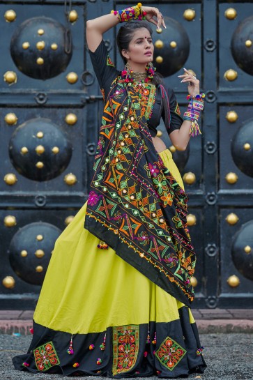 Navratri Special Black And Green Resham Embroidered Marvelous Cotton Lehenga Choli With Designer Dupatta