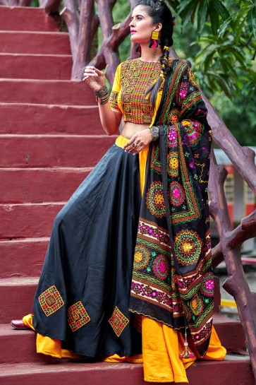 Navratri Special Yellow And Black Stylish Resham Embroidered Cotton Lehenga Choli And Dupatta