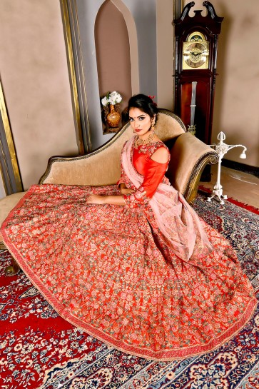 Beautiful Red Embroidered Silk Lehenga And Choli With Net Dupatta