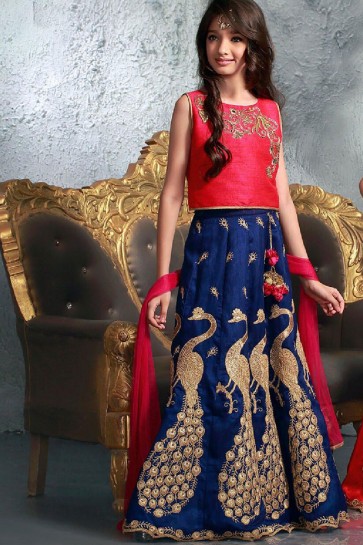 Lovely Pink and Blue Silk Embroidered Lehenga Choli