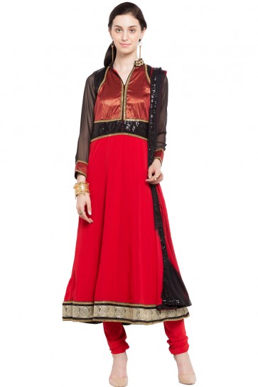 Classic Red Faux Georgette Plus Size Readymade Salwar Suit With Chiffon Dupatta