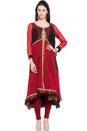Desirable Red Faux Georgette Plus Size Readymade Salwar Suit With Chiffon Dupatta