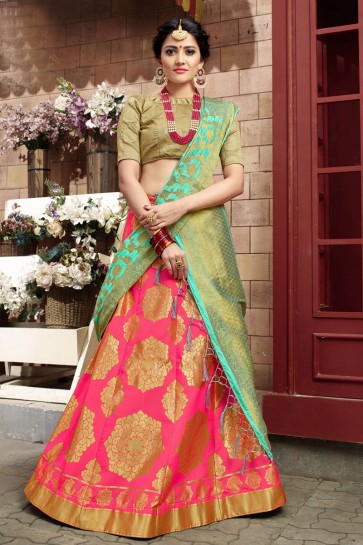 Graceful Pink Banarasi Silk Jacquard Work Lehenga Choli With Banarsai Silk Dupatta