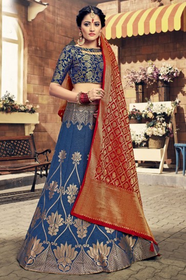 Blue Jacquard Work Banarasi Silk Designer Lehenga Choli With Banarasi Silk Dupatta