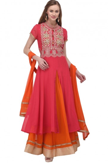 Pink and Orange Georgette Plus Size Readymade Punjabi Salwar Suit With Chiffon Dupatta