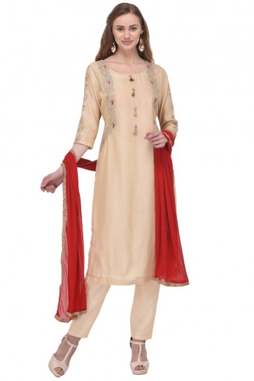 Gorgeous Cream Chanderi Straight Pant Plus Size Readymade Punjabi Salwar Suit