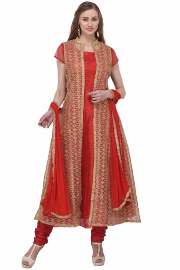 Red Bhagalpuri Silk Plus Size Readymade Punjabi Salwar Suit With Chiffon Dupatta