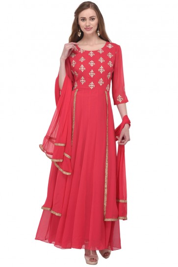 Pretty Pink Georgette Plus Size Readymade Punjabi Salwar Suit With Chiffon Dupatta