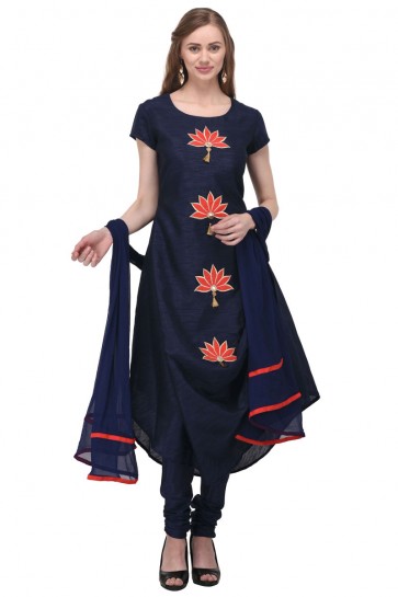 Graceful Navy Blue Bhagalpuri Silk Plus Size Readymade Punjabi Salwar Suit With Chiffon Dupatta