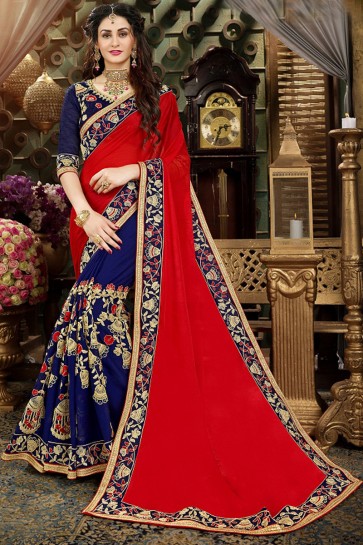 Pleasing Embroidery Work Red And Navy Blue Designer Saree With Banglori Silk Blouse