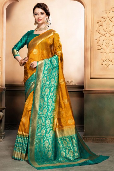 Mustard and Green Silk Jacquard Work Designer Saree With Silk Blouse 