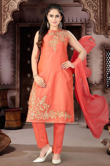 Orange Chanderi Designer Plus Size Readymade Salwar Suit With Chiffon Dupatta