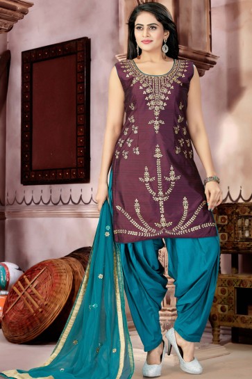 Desirable Maroon Satin Plus Size Readymade Patiala Salwar Suit With Chiffon Dupatta