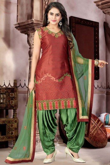 Beautiful Brown Satin Plus Size Readymade Patiala Salwar Suit With Chiffon Dupatta