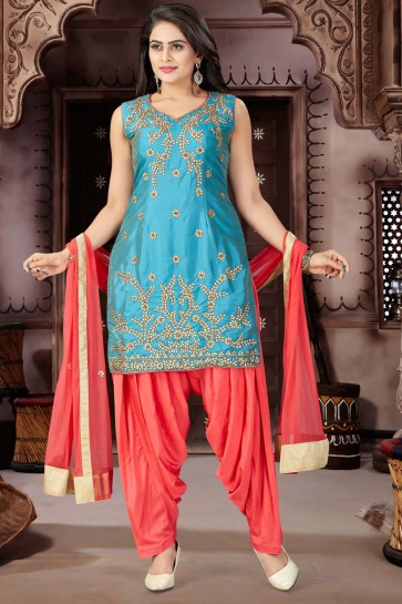 Sky Blue Satin Bottom Plus Size Readymade Patiala Salwar Suit