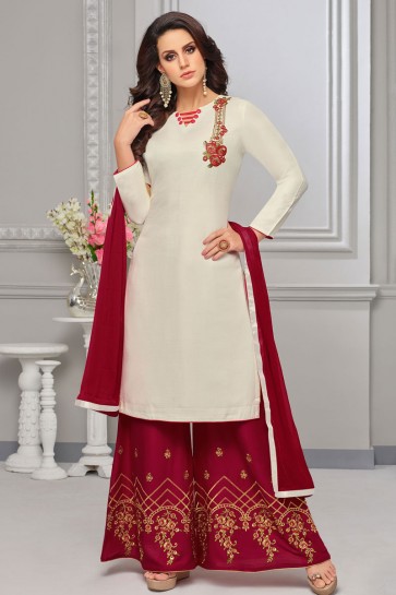 Beautiful Off White Rayon and Cotton Embroidered Party Wear Plazo Slawar Suit With Nazmin Dupatta