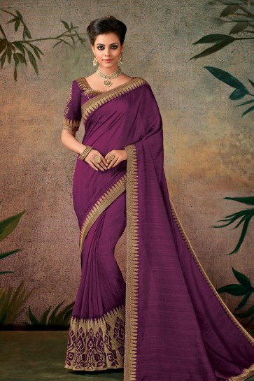 Optimum Purple Embroidered Designer Silk Saree With Silk Blouse