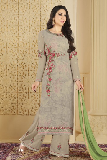 Karisma Kapoor Charming Grey Faux Georgette Embroidered and Stone Work Plazo Salwar Suit