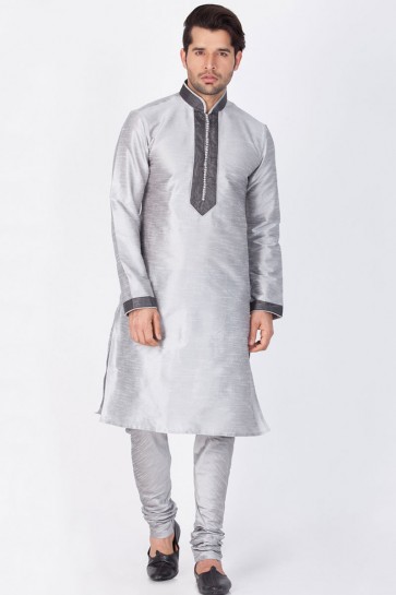 Classic Grey Cotton and Silk Plain Kurta Pajama