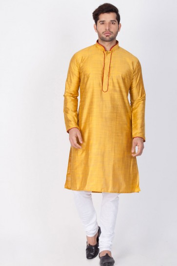 Yellow Cotton and Silk Designer Kurta Pajama