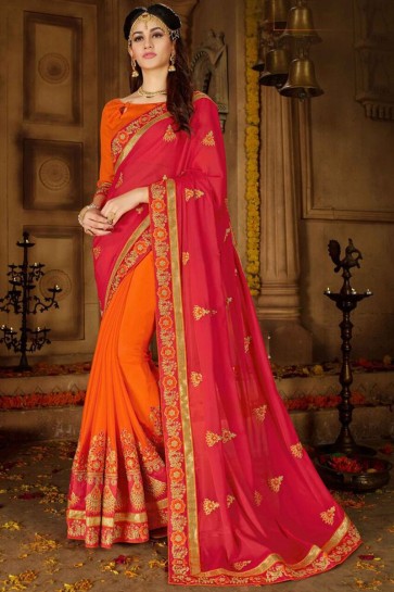 Excellent Embroidered Red And Orange Georgette And Rangoli Saree And Blouse