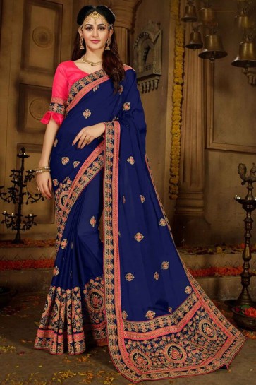 Navy Blue And Maroon Rangoli And Georgette Saree With Banglori Silk Blouse