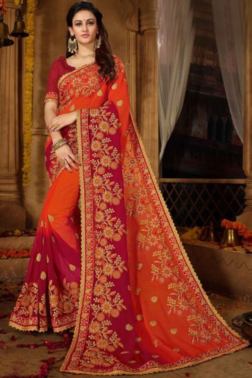 Lovely Georgette Orange And Maroon Embroidery Work Saree And Banglori Silk Blouse