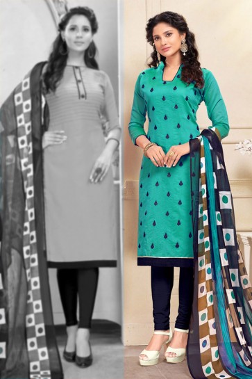 Marvelous Turquoise Chanderi Embroidered Salwar Suit