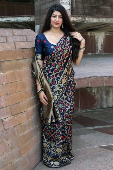 Lovely Navy Blue Banarasi Patola Silk Jacquard Work Designer Saree With Banarasi Silk Blouse 