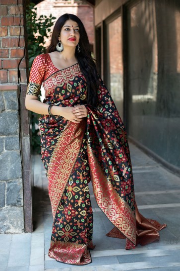 Jacquard Work Black Banarasi Patola Silk Designer Saree With Banarasi Silk Blouse 