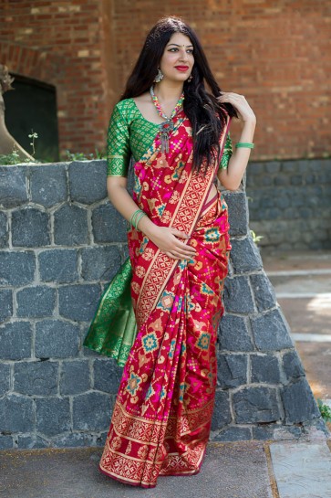 Red Designer Banarasi Patola Silk Jacquard Work Saree With Banarasi Silk Blouse 