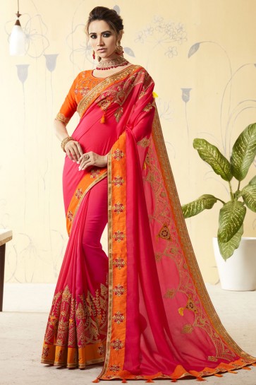 Excellent Pink Silk Embroidered Designer Saree With Silk Blouse 