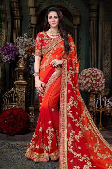 Red and Orange Georgette Designer Zari Work Saree With Banglori Silk Blouse 
