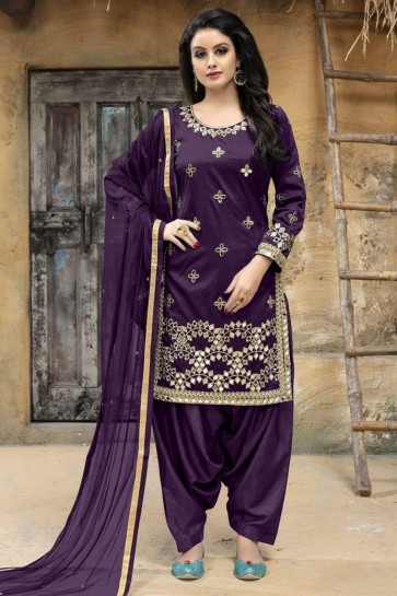 Lovely Purple Silk Embroidered Patiala Salwar Suit With Net Dupatta