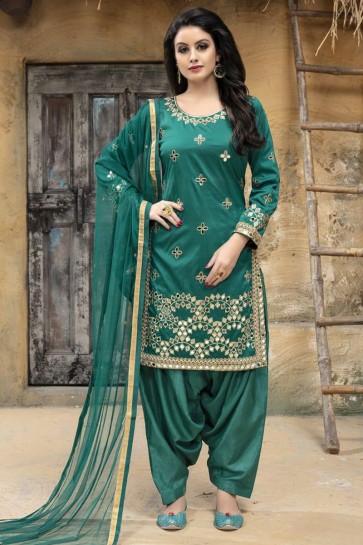 Excellent Green Designer Embroidered Patiala Salwar Suit With Net Dupatta