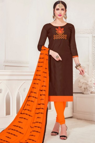 Coffee Silk Designer Embroidered Casual Salwar Suit With Net Dupatta