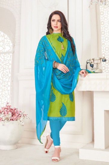 Beautiful Green Cotton Embroidered Casual Salwar Suit With Nazmin Dupatta