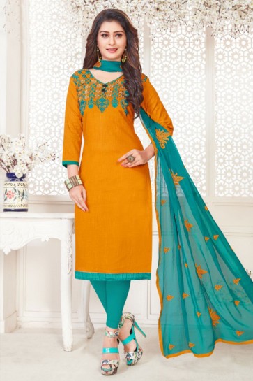 Charming Orange Cotton Embroidered Casual Salwar Suit With Nazmin Dupatta