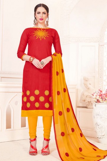 Red Cotton Embroidered Casual Salwar Suit With Nazmin Dupatta