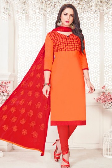 Embroidered Orange Cotton Casual Salwar Suit With Nazmin Dupatta