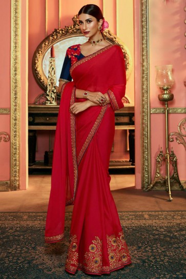 Supreme Red Embroidered Designer Silk Saree And Blouse