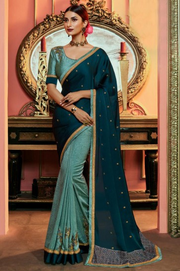 Fascinating Teal And Cyan Embroidered Designer Silk Saree And Blouse