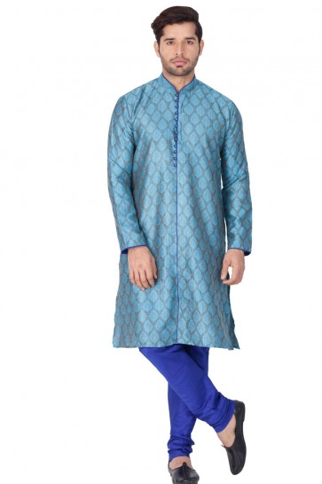 Turquoise Cotton Silk Embroidered Kurta Pajama