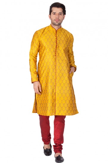 Pretty Yellow Cotton Silk Embroidered Designer Kurta Pajama