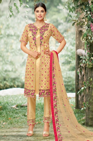Excellent Golden Net Embroidered Straight Pant Salwar Suit