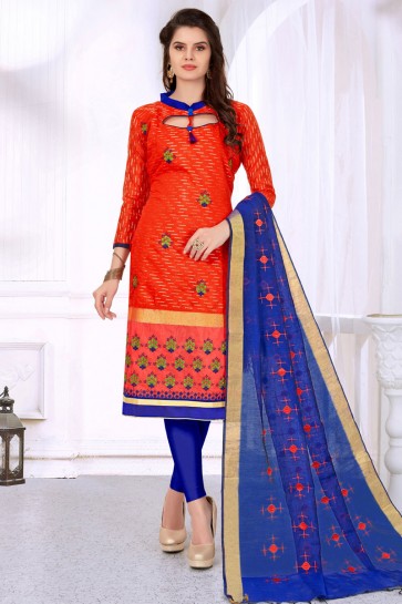 Orange Cotton Embroidered Casual Salwar Suit With Silk Dupatta