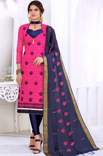 Charming Pink Cotton Embroidered Casual Salwar Suit With Silk Dupatta