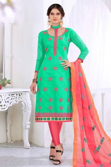 Turquiose Cotton Embroidered Casual Salwar Suit With Silk Dupatta