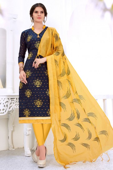 Lovely Navy Blue Cotton Embroidered Casual Salwar Suit With Silk Dupatta