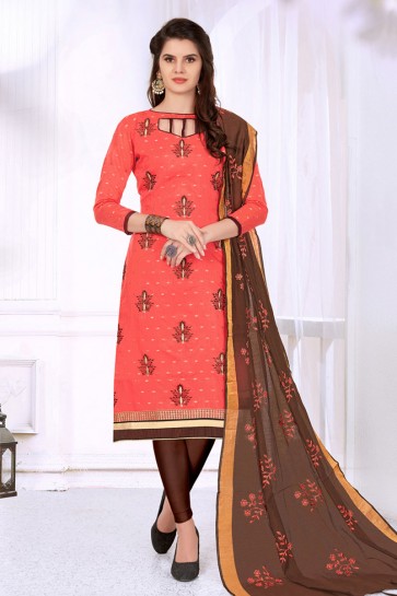 Graceful Pink Cotton Embroidered Casual Salwar Suit With Silk Dupatta
